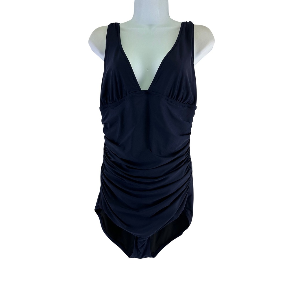 J.Crew One Piece Swimsuit Navy Blue Ruched Deep V-Neck Flattering B6845 Women 12